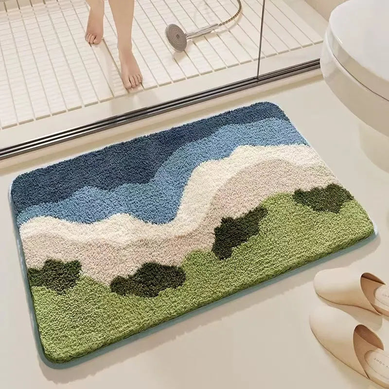 Square sky sea coloured floor mat with a printed rainbow pattern, flat polyester fibre texture.