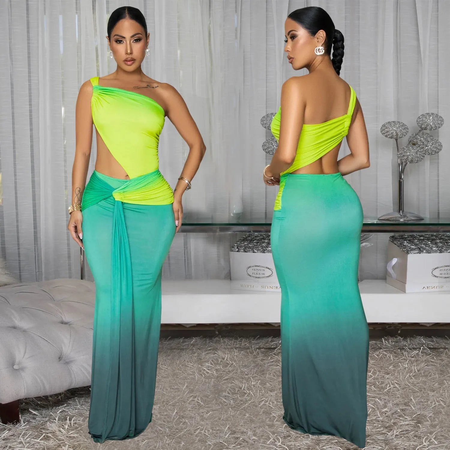 Women's gradient colour asymmetric cross-shoulder sleeveless dress with a high waist and long skirt.