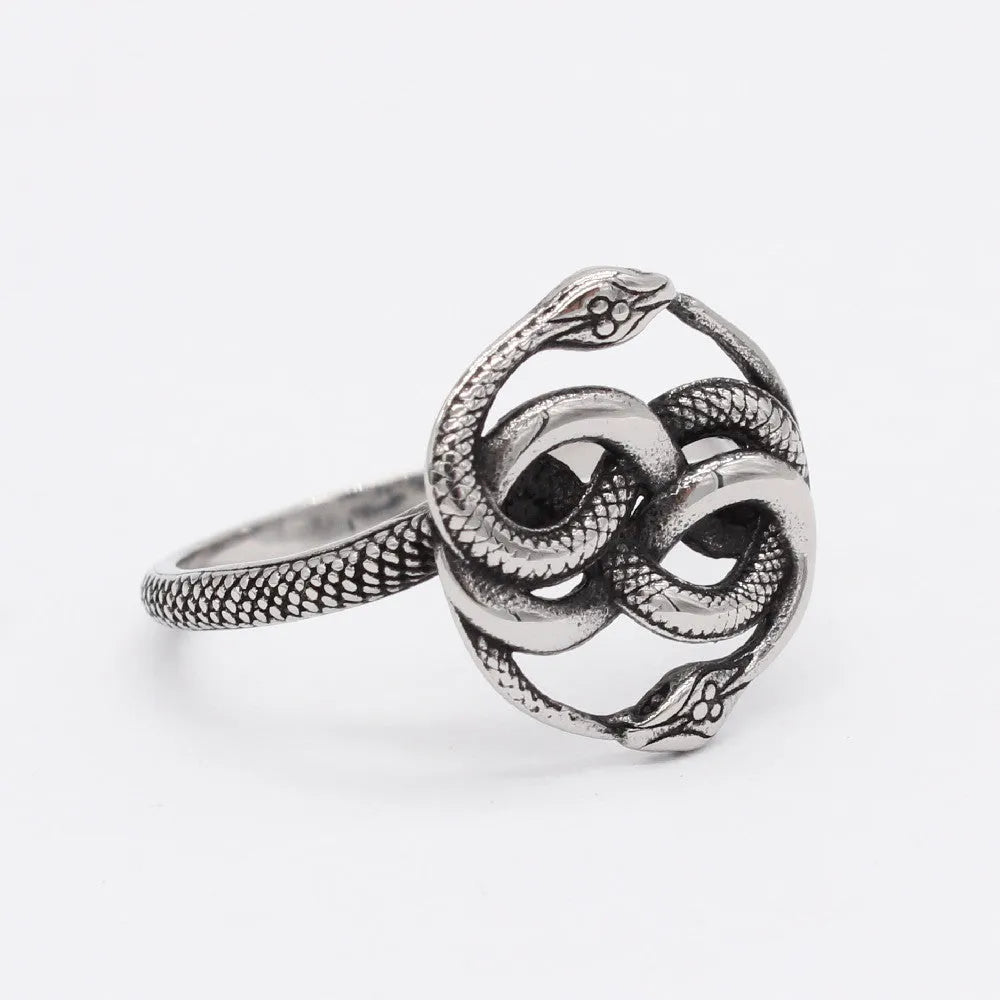 Titanium steel double snake ring in steel colour on a plain background, showing retro design detail.