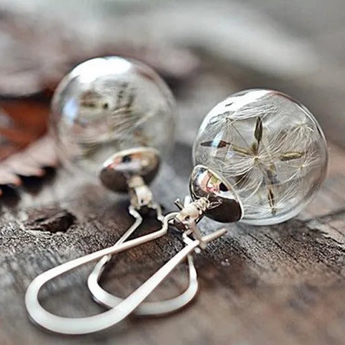 Transparent 16mm glass ball earrings with dandelion seed design on silver French hooks
