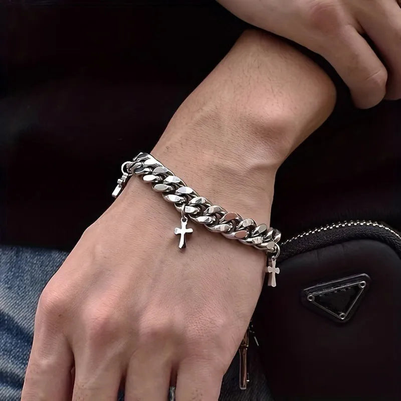 Men's titanium steel bracelet with a geometric cross design in a cold wind style.