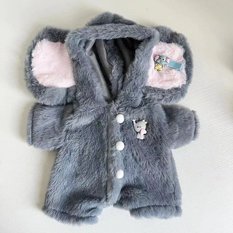 Grey elephant plush jumpsuit costume for a 30cm Lina bear doll.