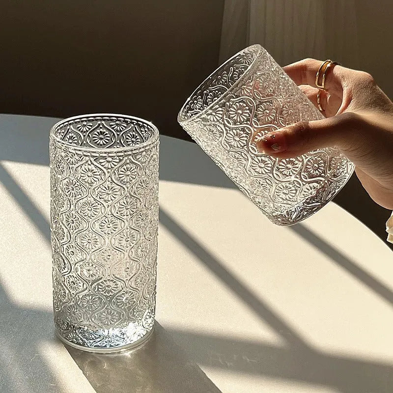 A solid colour begonia patterned glass water cup shown in both tall 380ml and short 250ml sizes.