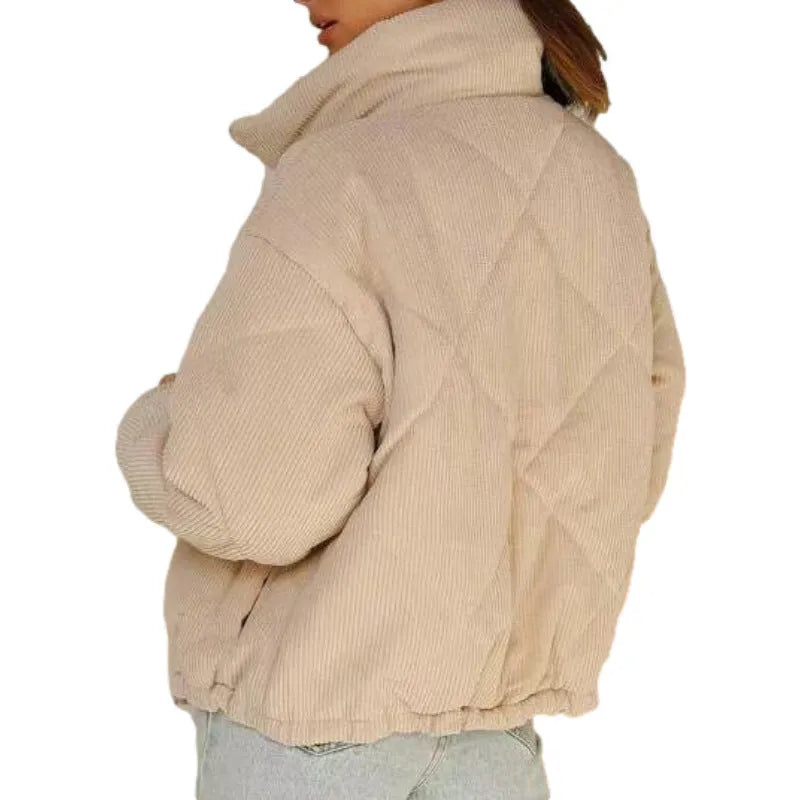 Women's apricot corduroy wadded jacket with stand collar and zip front in street fashion style