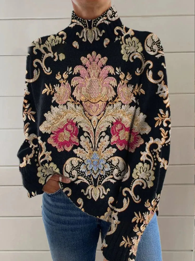 Black 3D pattern printed turtleneck long sleeve sweater with loose fit and Japanese Korean styling