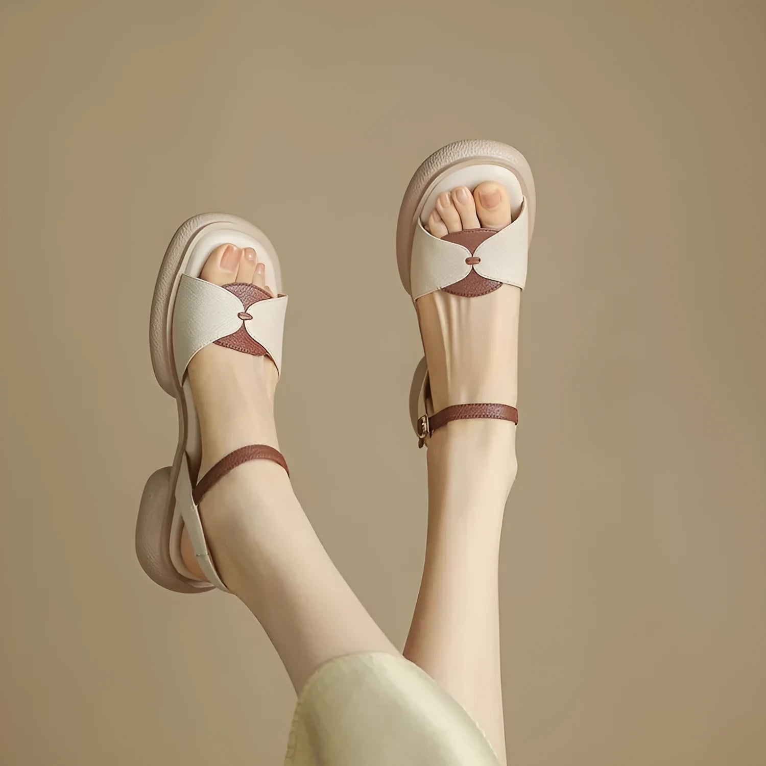 Women's khaki platform sandals with a chunky heel and open toe design on a rubber sole.