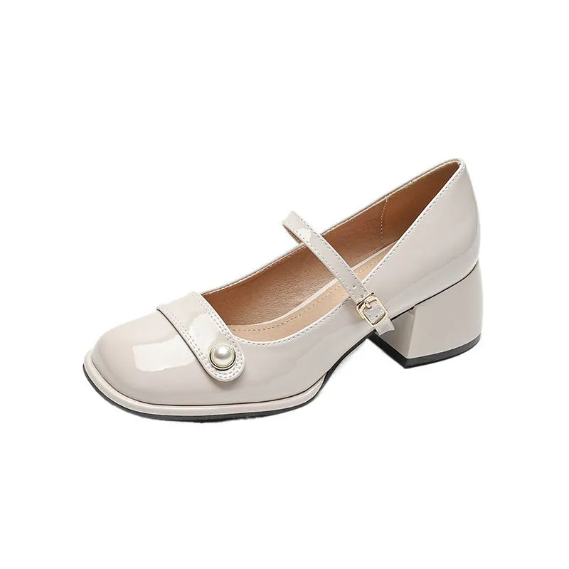 Apricot patent leather chunky heel pump with square toe and ankle buckle