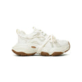 Beige women's casual sneakers with a platform heel and round toe, showing lace-up front.