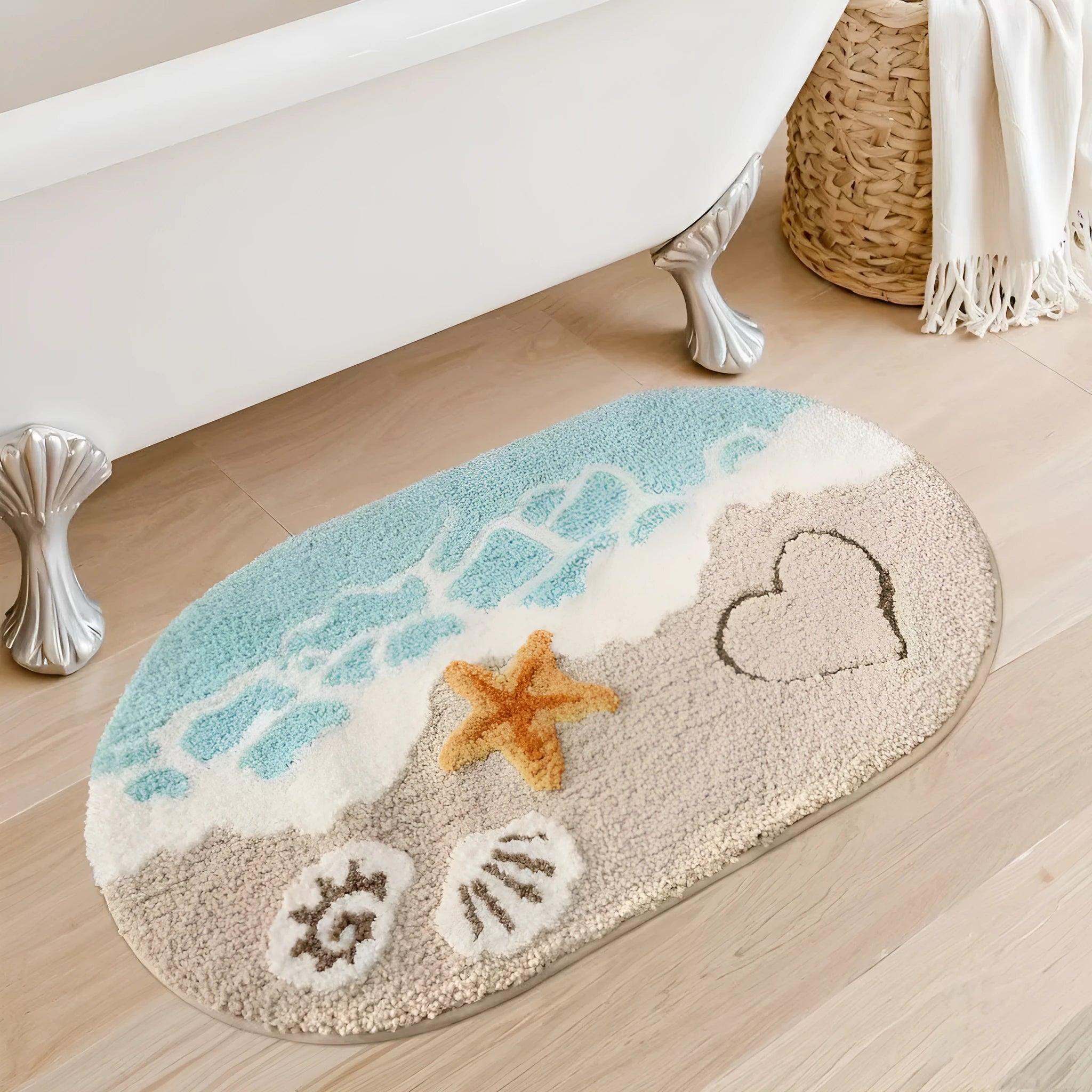 Square sky sea coloured floor mat with a printed rainbow pattern, flat polyester fibre texture.