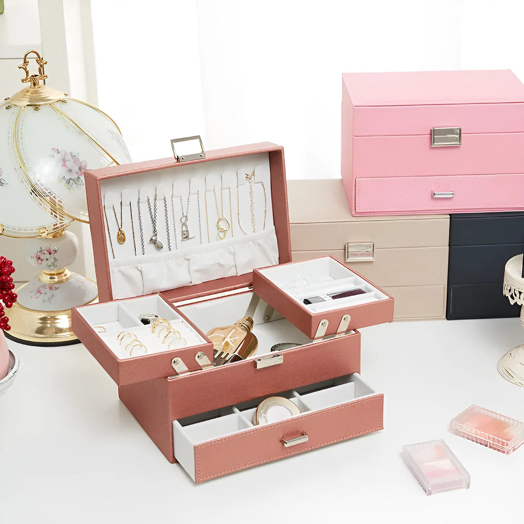 PU leather hard-shell jewellery storage box in rose gold colour