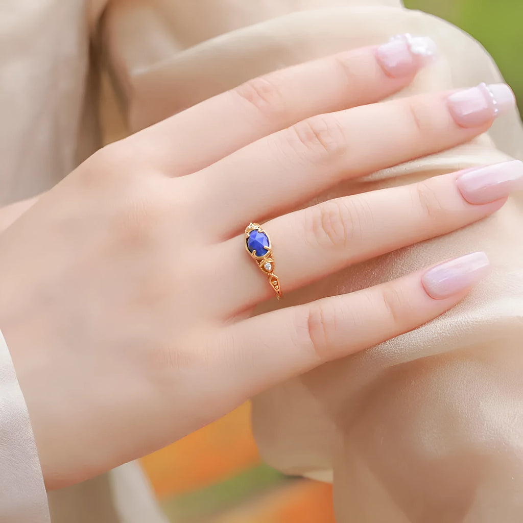 Geometric lapis lazuli silver ring with ellipse stone shape and Japanese design style