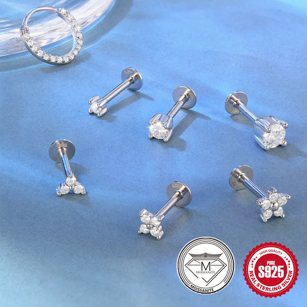 Platinum plated sterling silver clip-on earring showing geometric petal and stud design options.