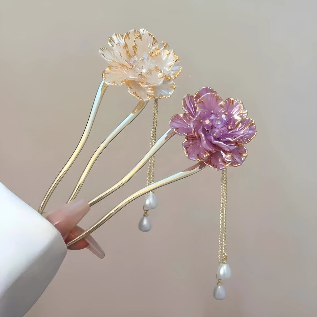 Purple and white alloy U-shaped hairpin with peony flower tassel design