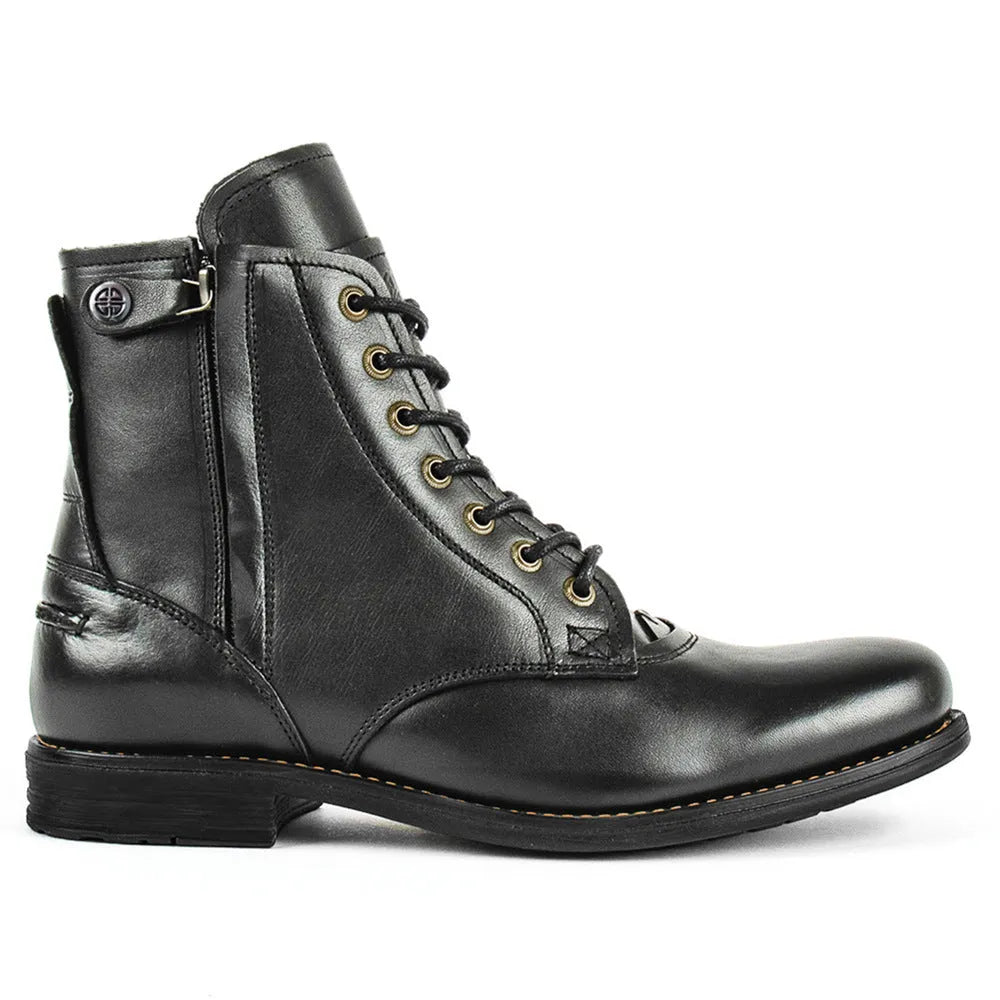 Knight Series black and brown men's leather ankle boots with side zipper and low heel.