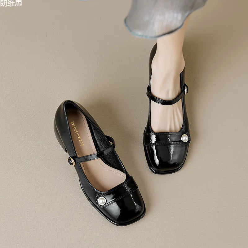 Apricot patent leather chunky heel pump with square toe and ankle buckle