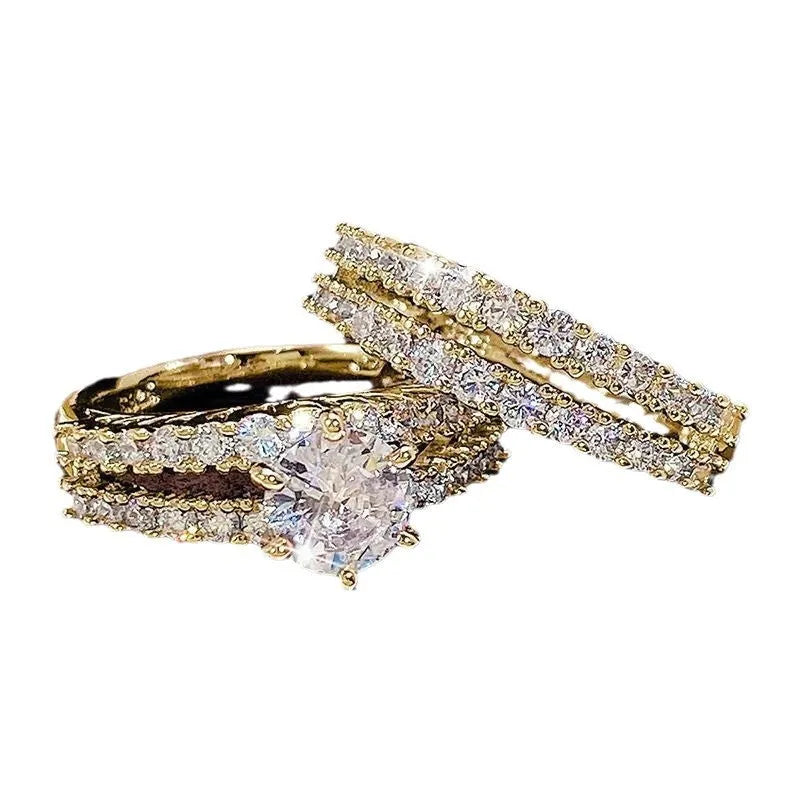 2-in-1 fully-jewelled female ring set in geometric design with diamond detailing, shown in silver, gold, and rose gold finishes