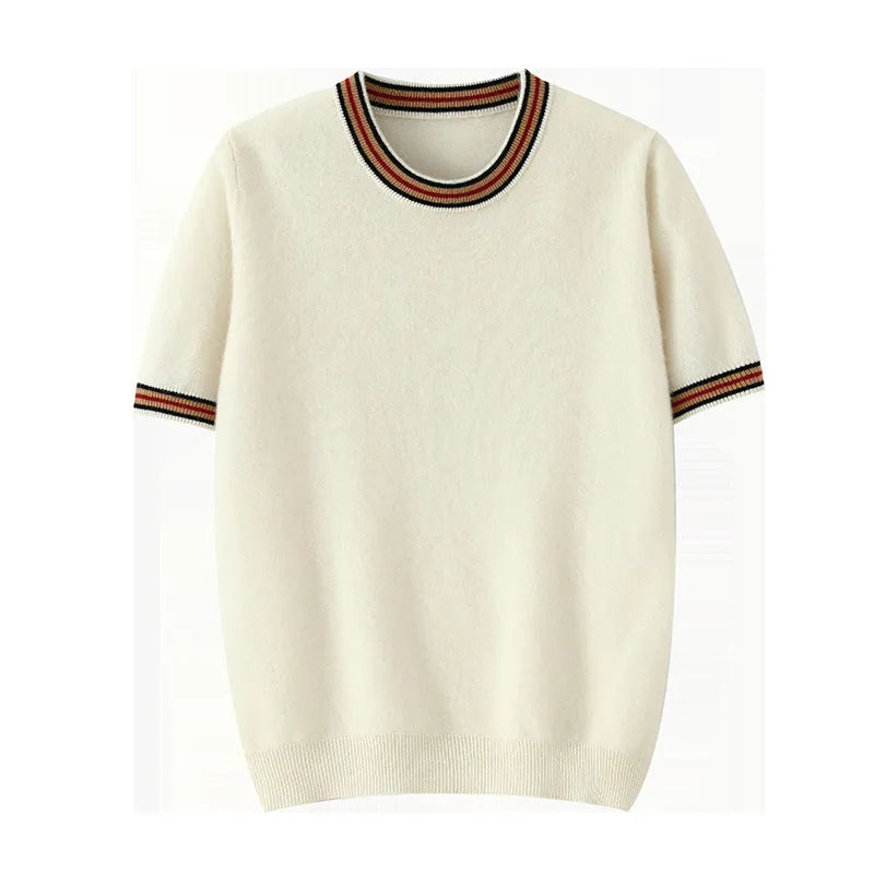 Men's round neck short sleeve pure wool sweater in black, shown on a hanger.