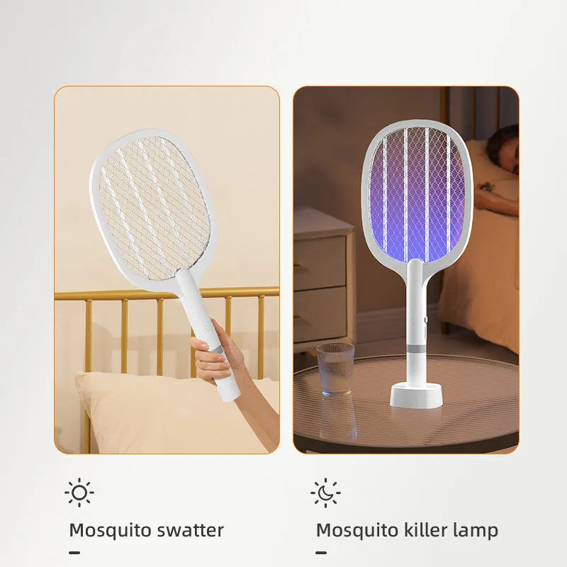 Rechargeable electric mosquito swatter with USB port and colour-coded handles for indoor insect control