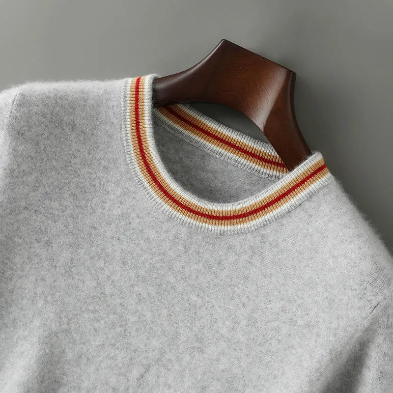 Men's round neck short sleeve pure wool sweater in black, shown on a hanger.