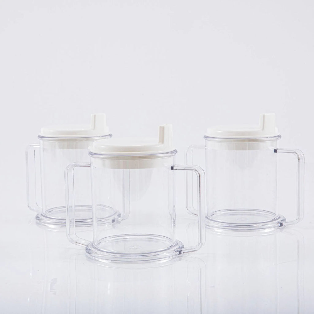 Transparent plastic drinking cup with secure lid showing dimensions and spill-proof design