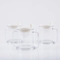 Transparent plastic drinking cup with secure lid showing dimensions and spill-proof design