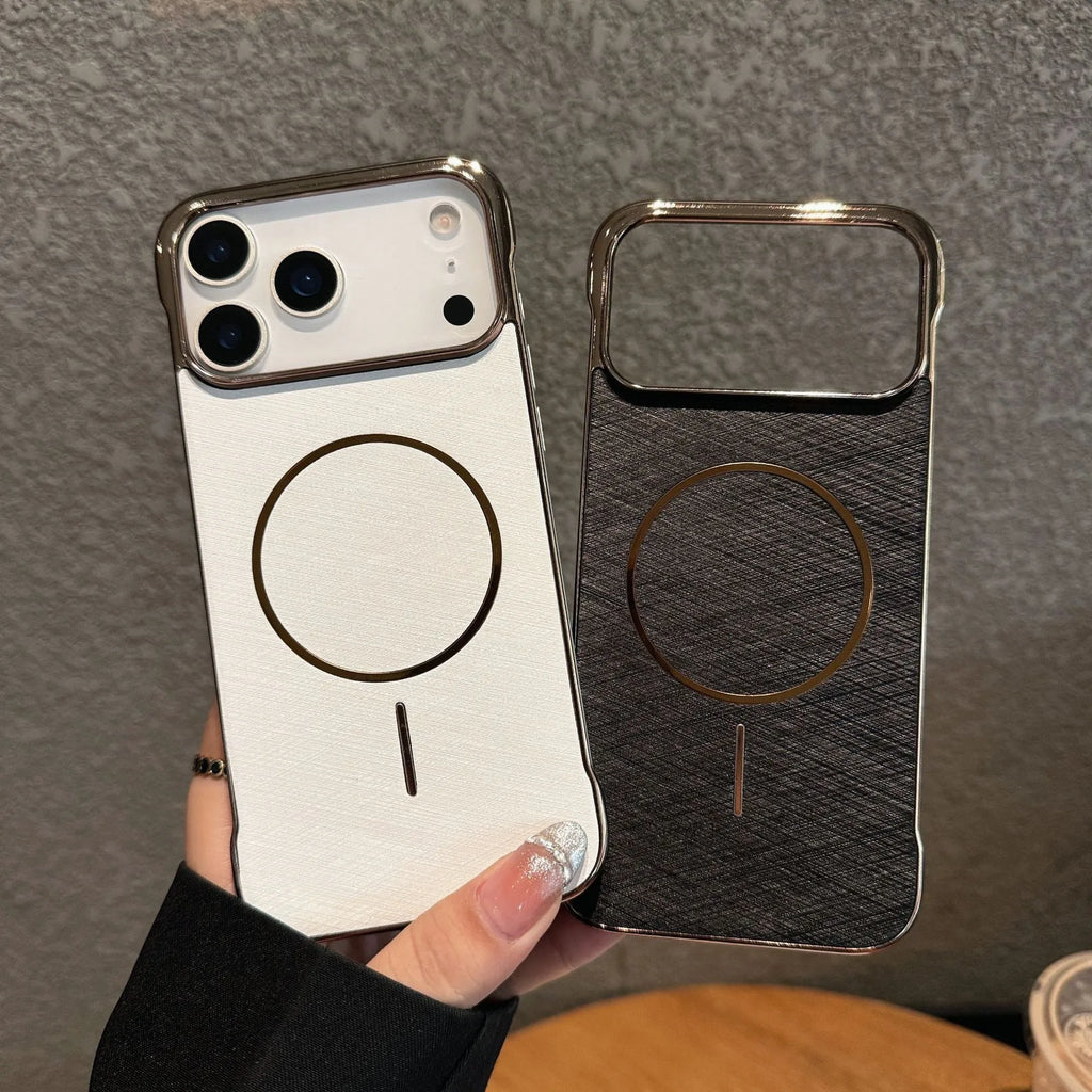 Electroplating frameless magnetic phone case for iPhone 17 in multiple colours showing half pack design