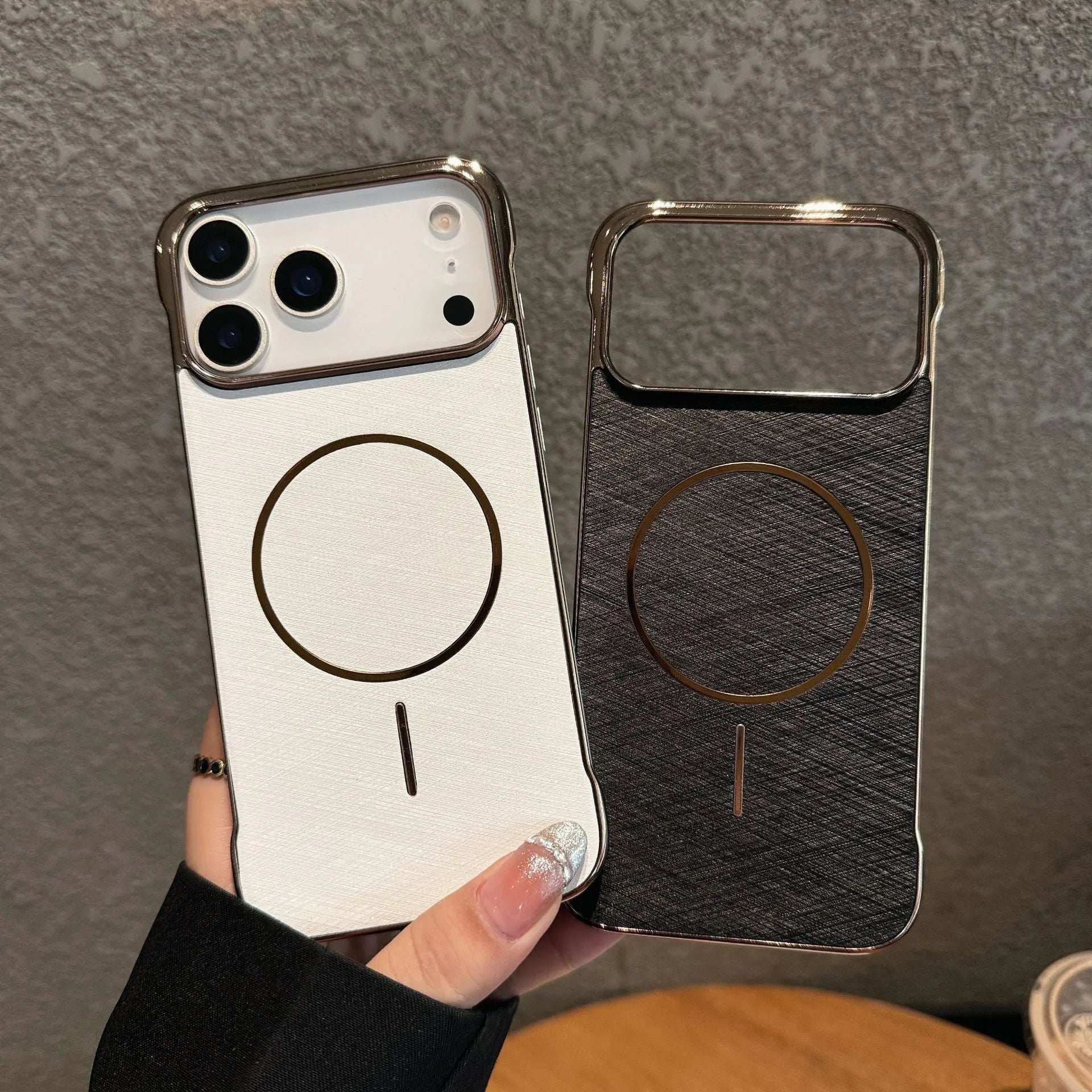 Electroplating frameless magnetic phone case for iPhone 17 in multiple colours showing half pack design