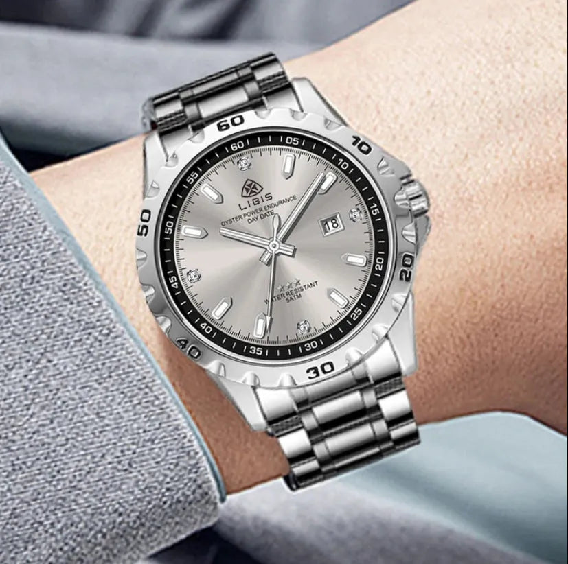 Silver case quartz watch with stainless steel strap and luminous waterproof features