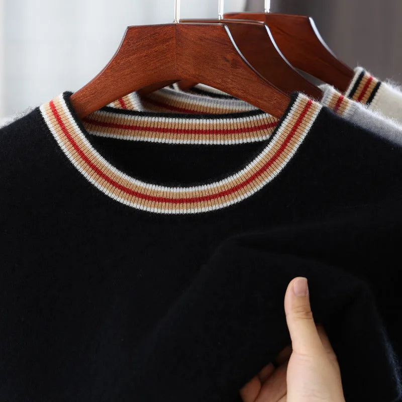 Men's round neck short sleeve pure wool sweater in black, shown on a hanger.