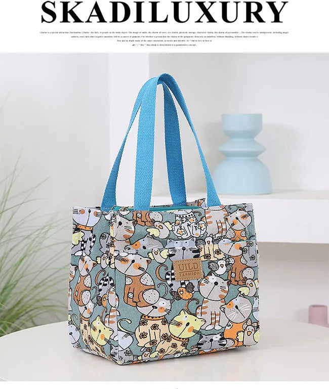 Women's printed canvas bag with aluminium handle in horizontal square design showing floral pattern option