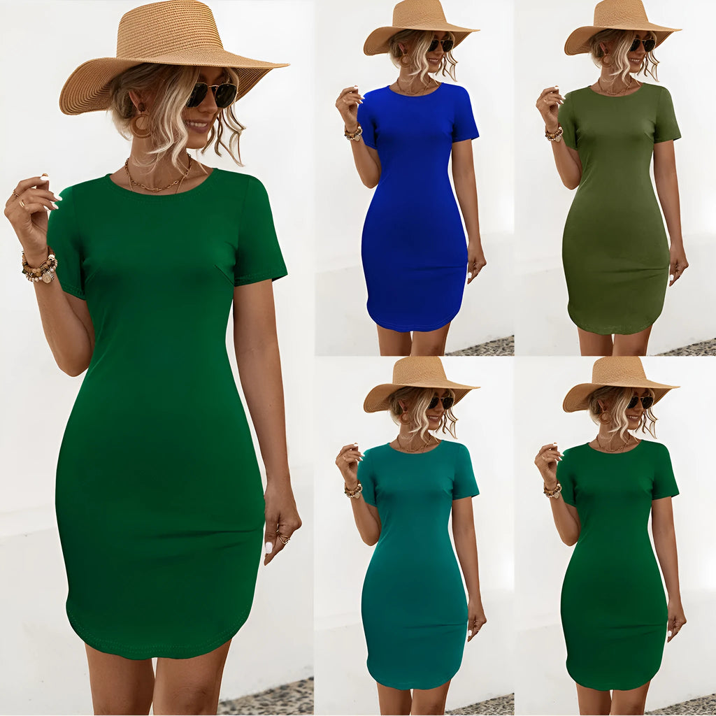 Women's slim-fit short sleeve dress in dark green with a U-shaped split neckline