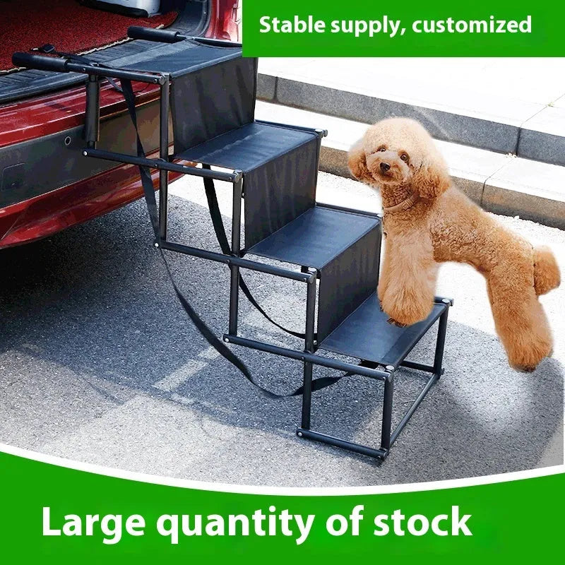 Stainless steel folding dog ladder next to a car, showing navy blue steps and a 101x76x45cm frame.