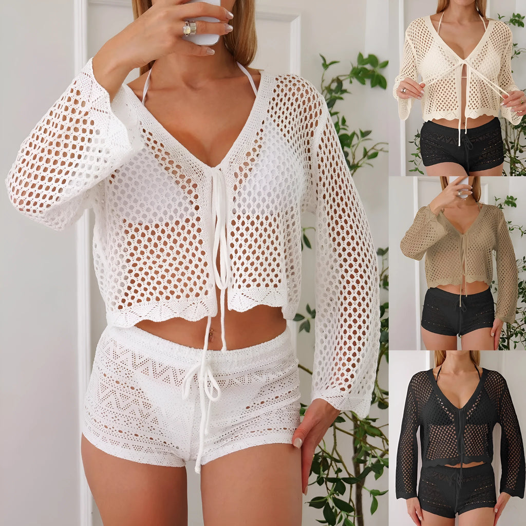 Short apricot coloured women's cardigan blouse with hollow weave texture and flared bell sleeves.