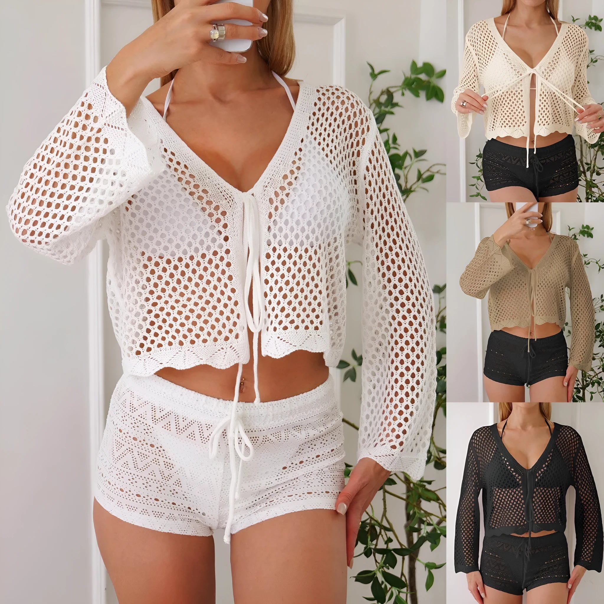 Short apricot coloured women's cardigan blouse with hollow weave texture and flared bell sleeves.