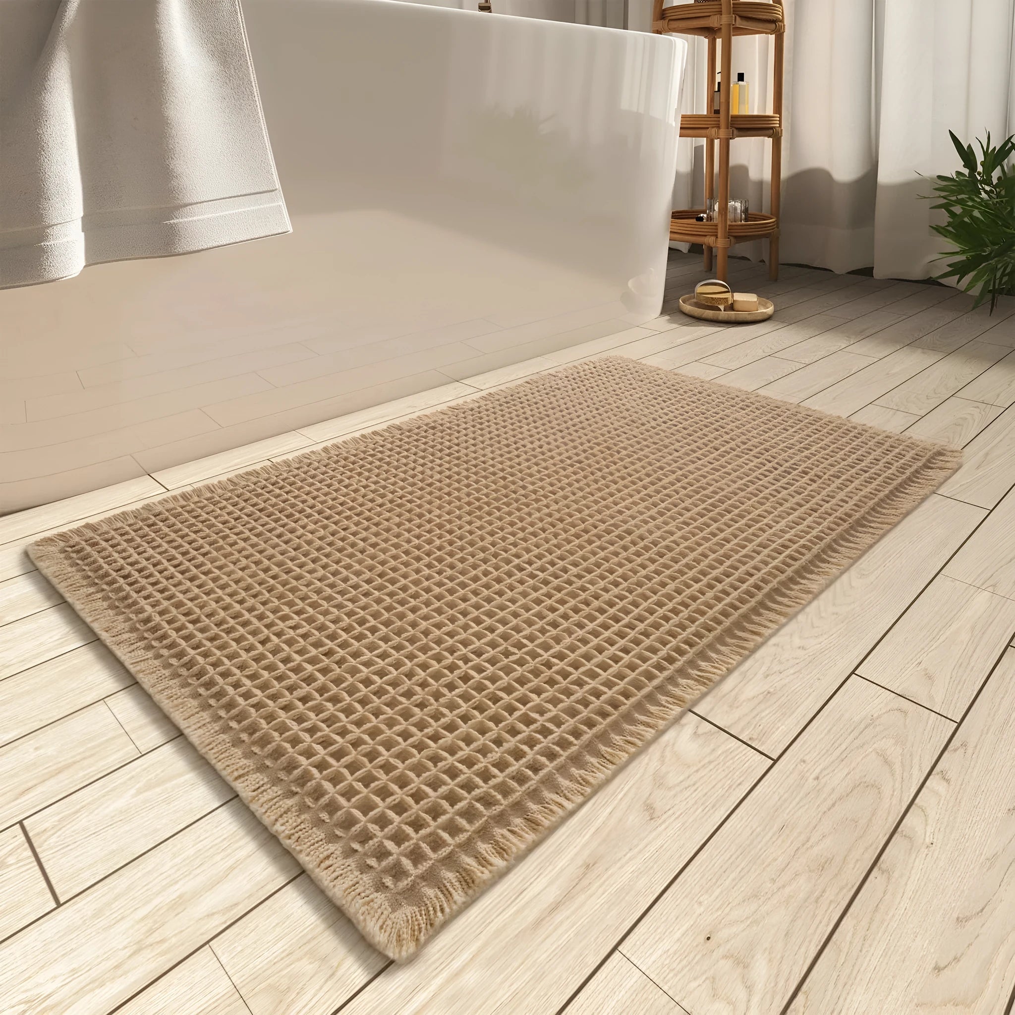 A square, checkered-pattern bathroom carpet in a choice of colours on a tiled floor.