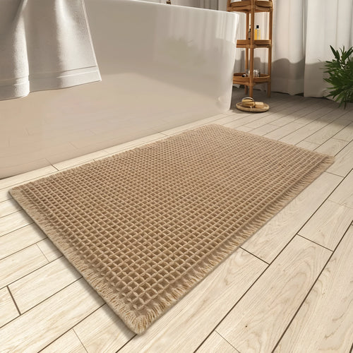 A square, checkered-pattern bathroom carpet in a choice of colours on a tiled floor.