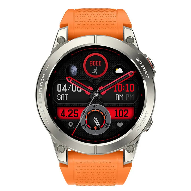 S53 Outdoor GPS Sports Smart Watch in Black or Orange with zinc alloy frame and silicone strap.