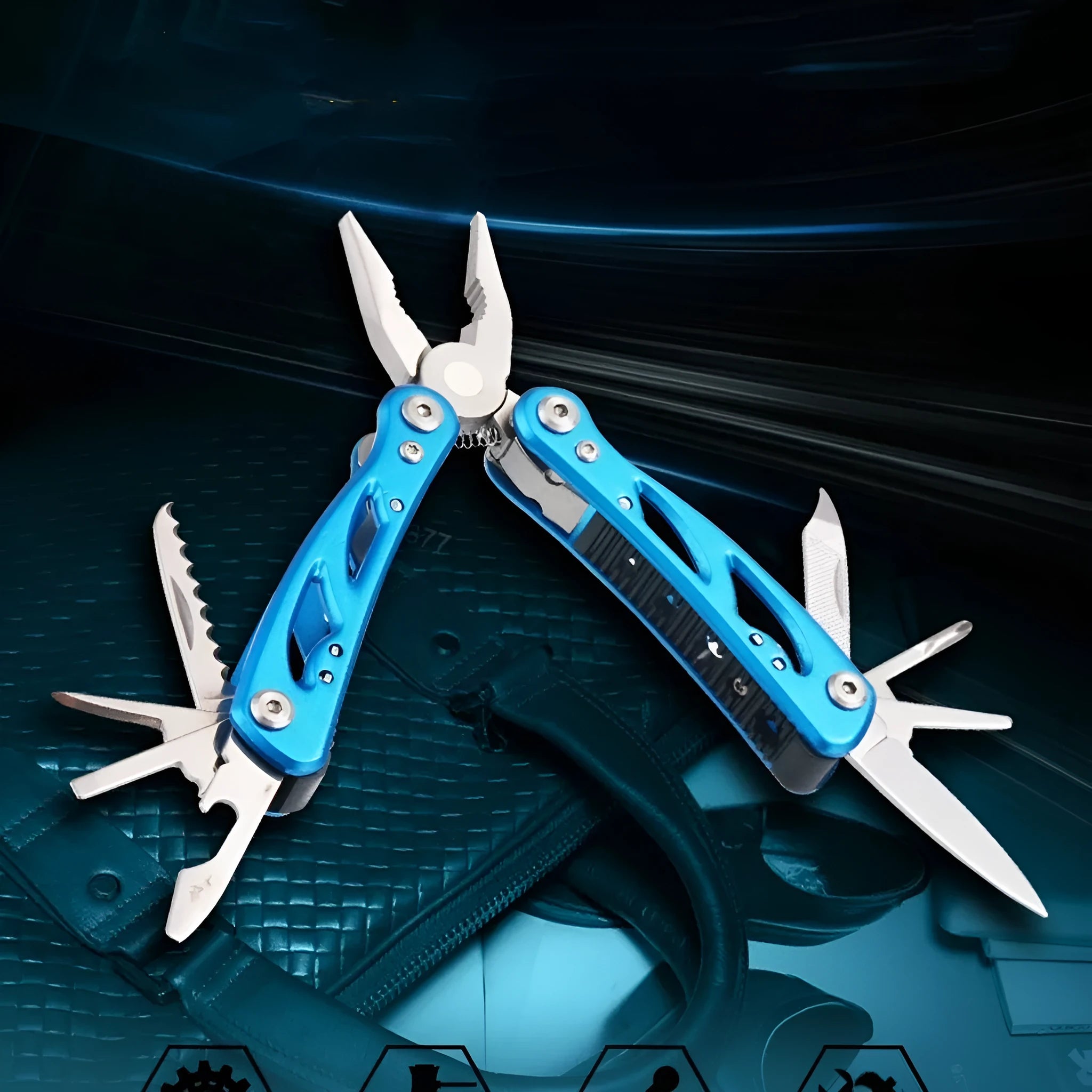 Compact blue folding multi-function pliers with a fruit knife on a white background, next to its Oxford storage bag.