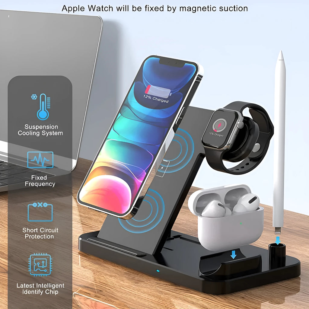 Black Four-in-One wireless charging stand for mobile phones with QC3.0 charging head.
