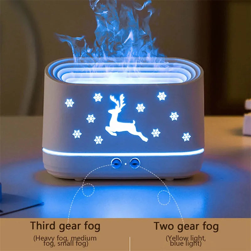 White flame effect humidifier diffuser with LED lighting and Christmas pattern, showing mist output