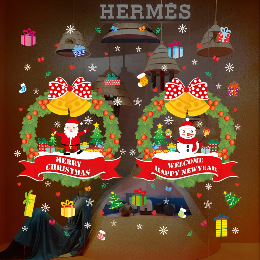 Large colourful cartoon Christmas static cling wall sticker on a glass window.