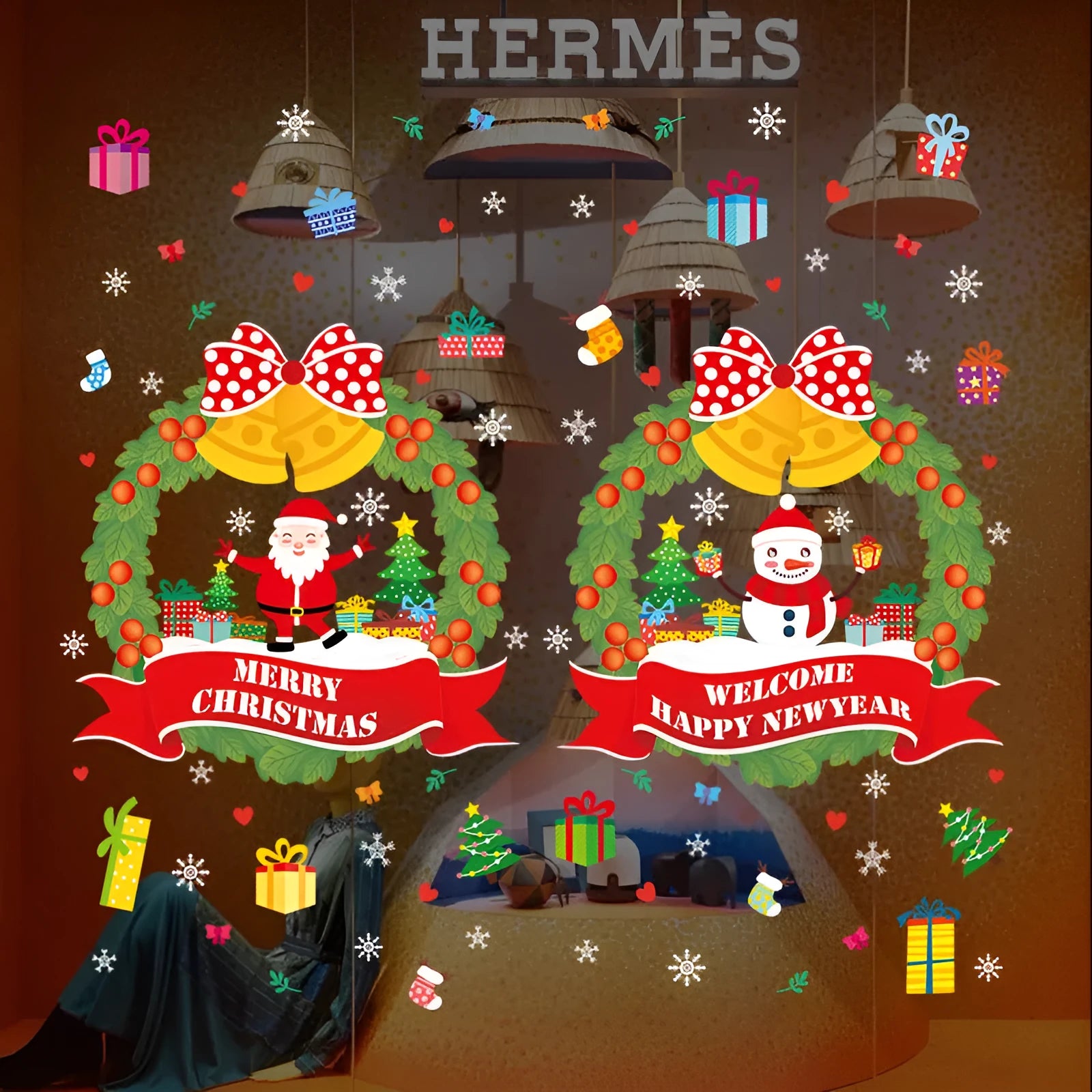 Large colourful cartoon Christmas static cling wall sticker on a glass window.