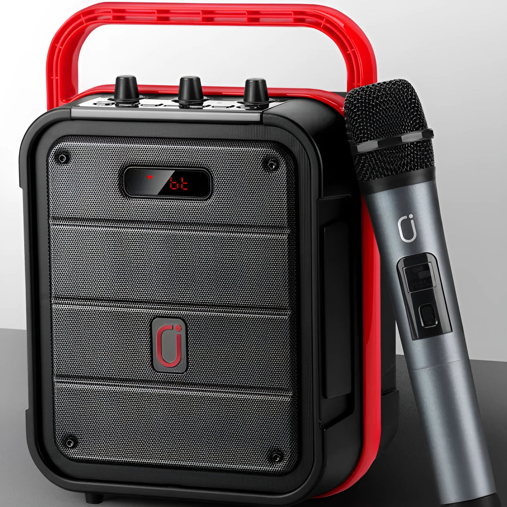 Black MS62AI portable Bluetooth speaker with wireless microphone and control knob on top.