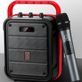 Black MS62AI portable Bluetooth speaker with wireless microphone and control knob on top.