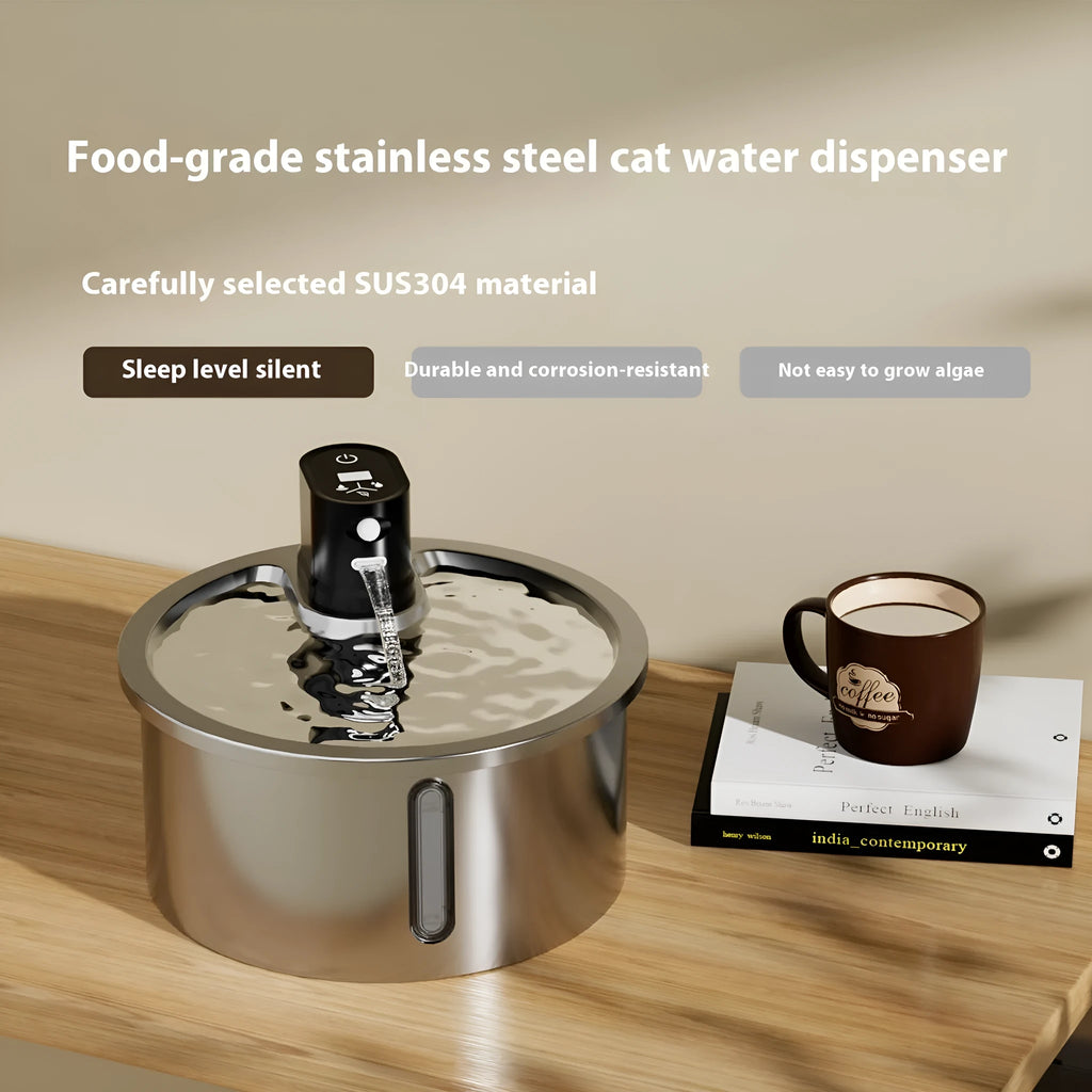 Stainless steel heated pet water fountain with white temperature control base for cats and dogs.