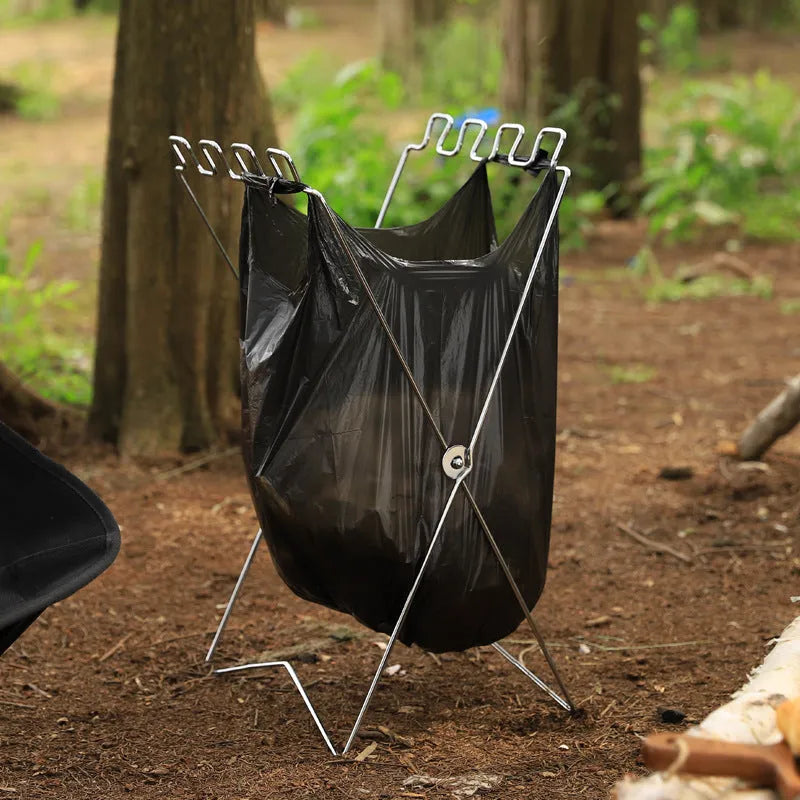 Stainless steel folding garbage bag bracket in black and silver colours for camping use