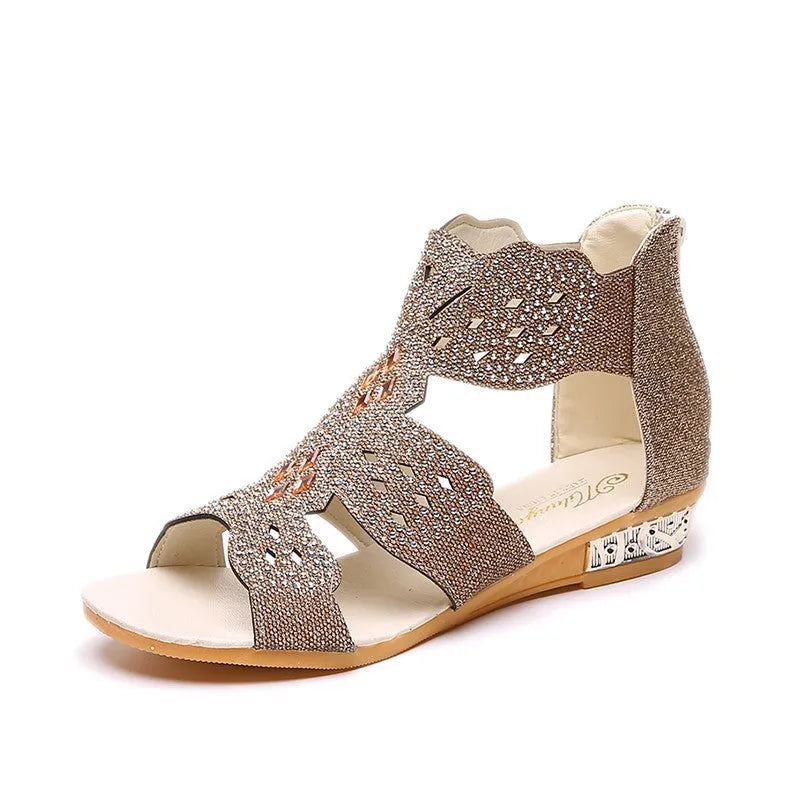 Women's open toe rhinestone hollow sandals with back zipper in black beige gold colours