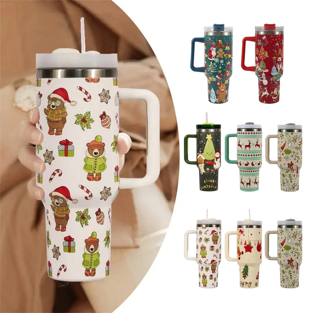 Christmas pattern stainless steel travel tumbler with handle and straw