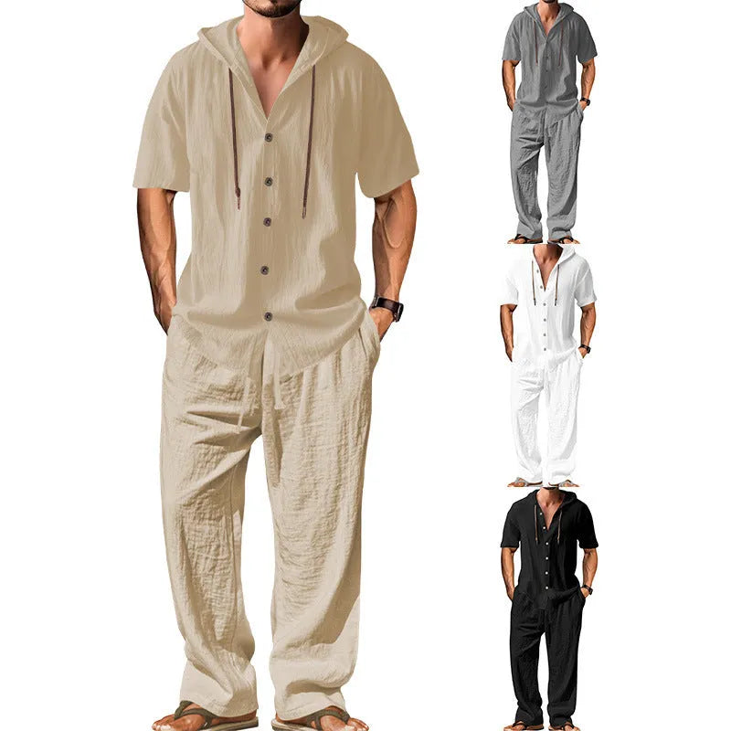 Men's casual cotton blend sports leisure suit set with long sleeves and trousers in multiple colours