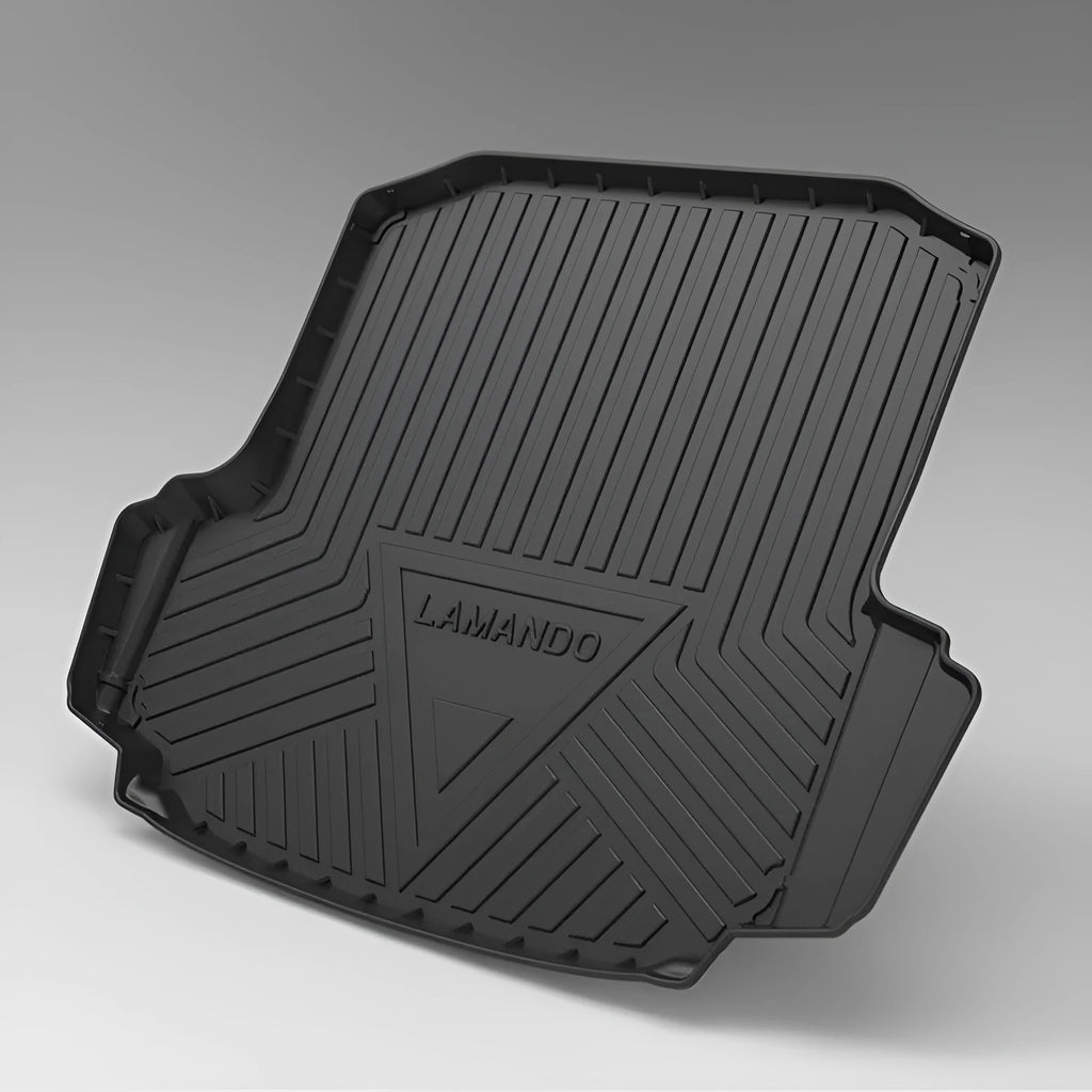Black car boot protective mat with carbon fiber texture pattern, made from TPO+TPV material.
